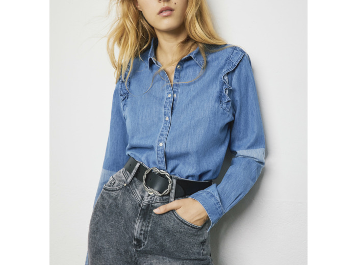Chemise jean bio effet patch et volants aux épaules femme