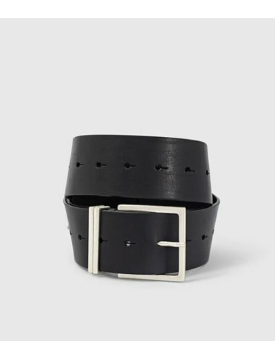 Ceinture large cuir noir bagues fantaisies en métal femme