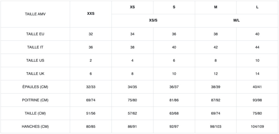 guide des tailles pour Femme