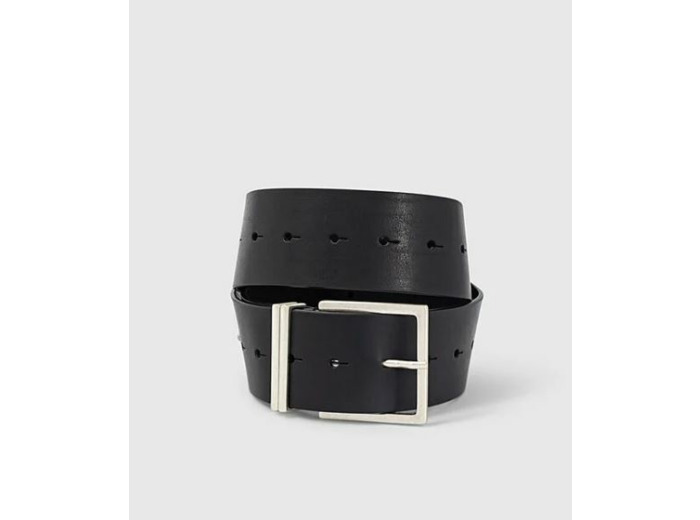 Ceinture large cuir noir bagues fantaisies en métal femme