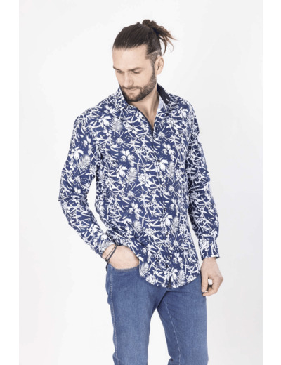 Chemise Marine Imprimé Végétal 5 Marine