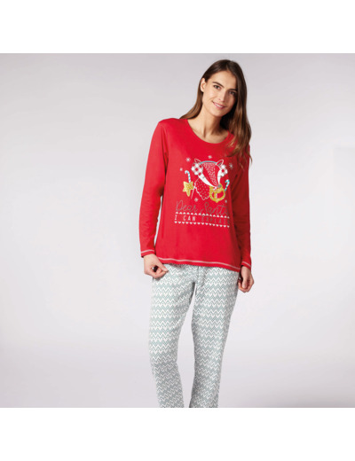 Pyjama femme NOËL EN FAMILLE rouge/écru imprimé