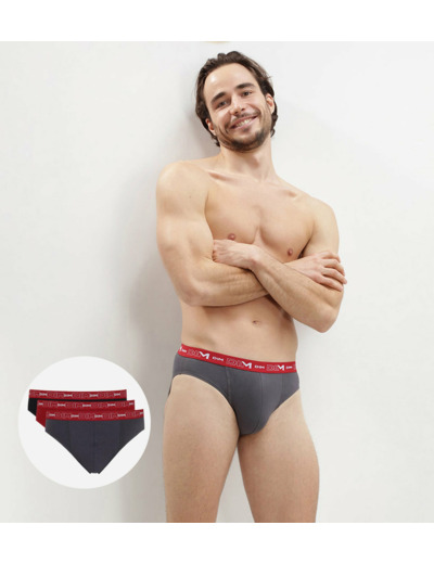 Lot de 3 slips gris, rouge chili et noir Coton Stretch